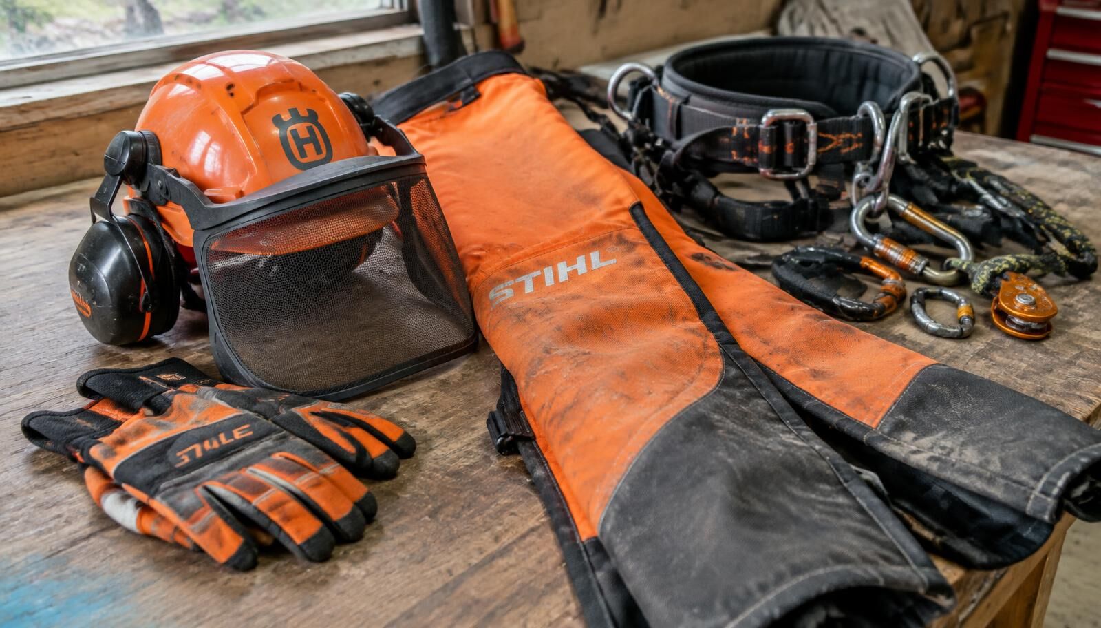 Tree felling safety helmet, chaps, gloves and harness