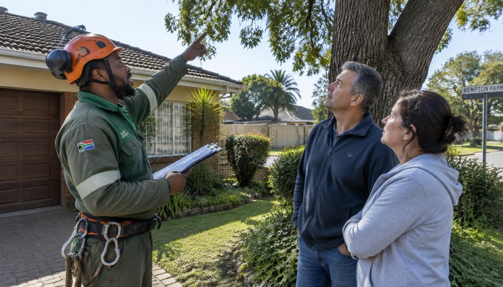Valencia Tree Felling assessing a tree with homeowners